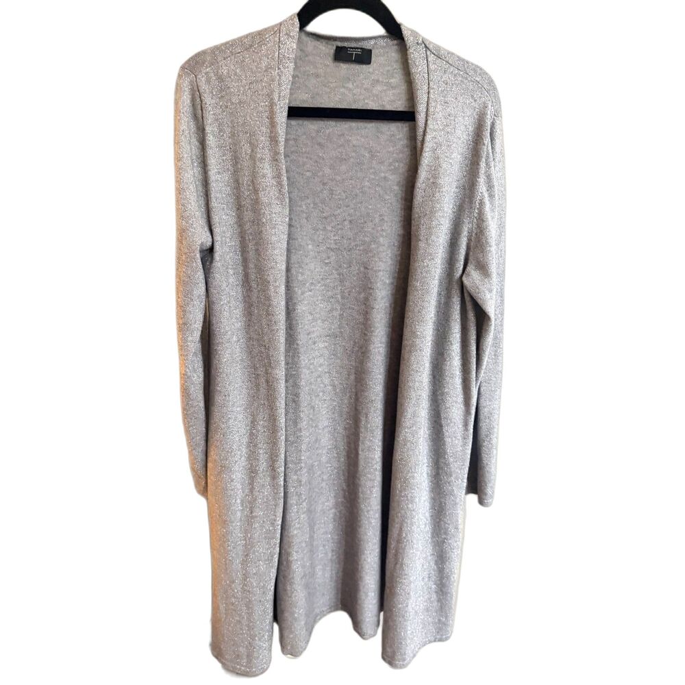 Tahari Gray Metallic Shimmer Long Open Front Cardigan Size L